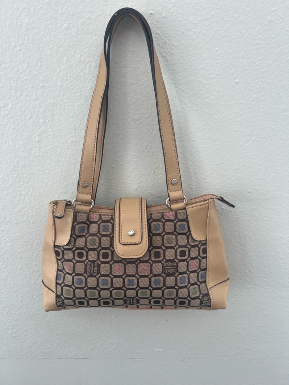 Vintage Liz & Co. Brown Geometric Shoulder Bag With Leather Look Trim Y2K - Picture 2 of 8